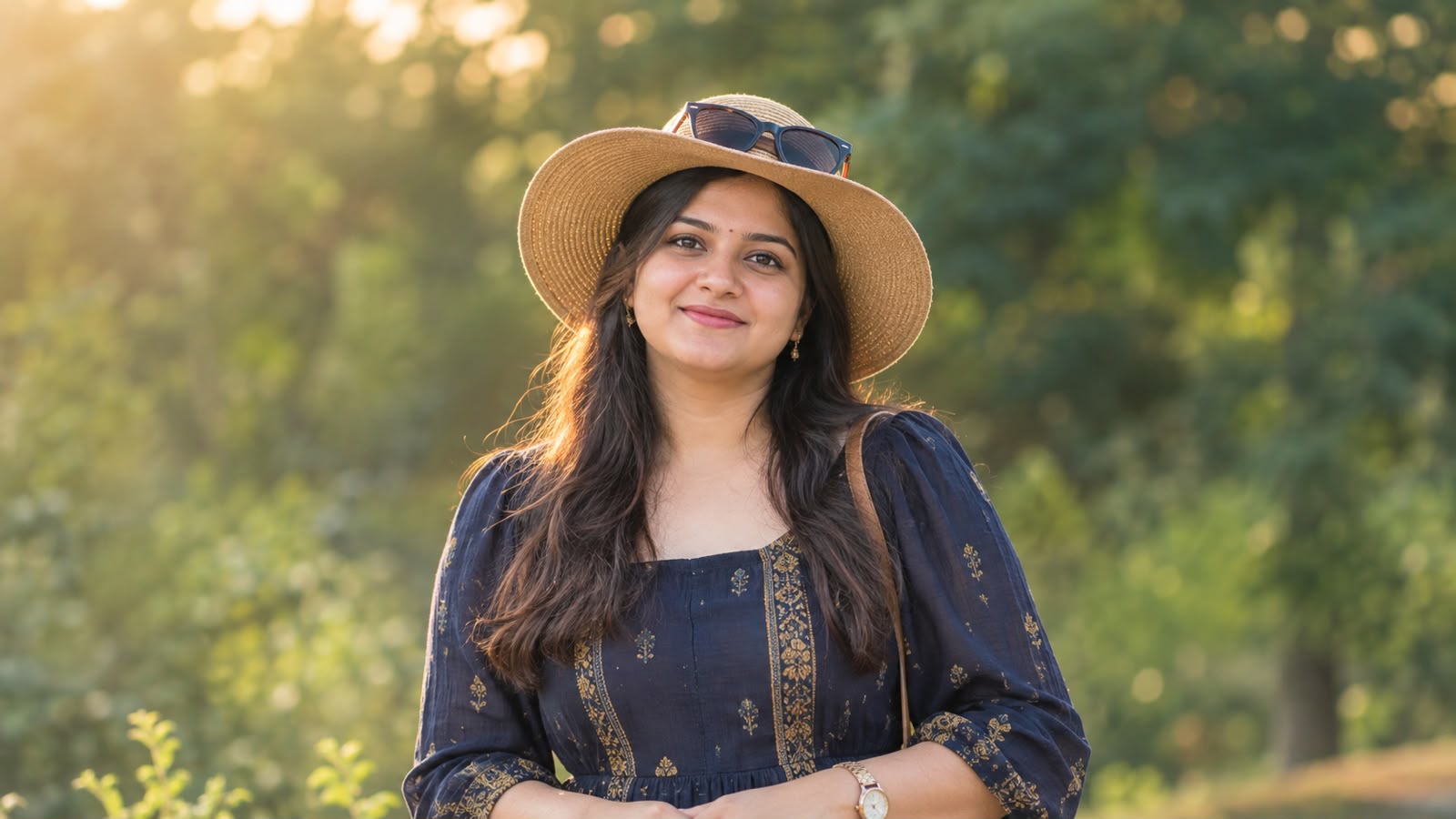 Woman outdoors wearing a wide-brimmed hat.