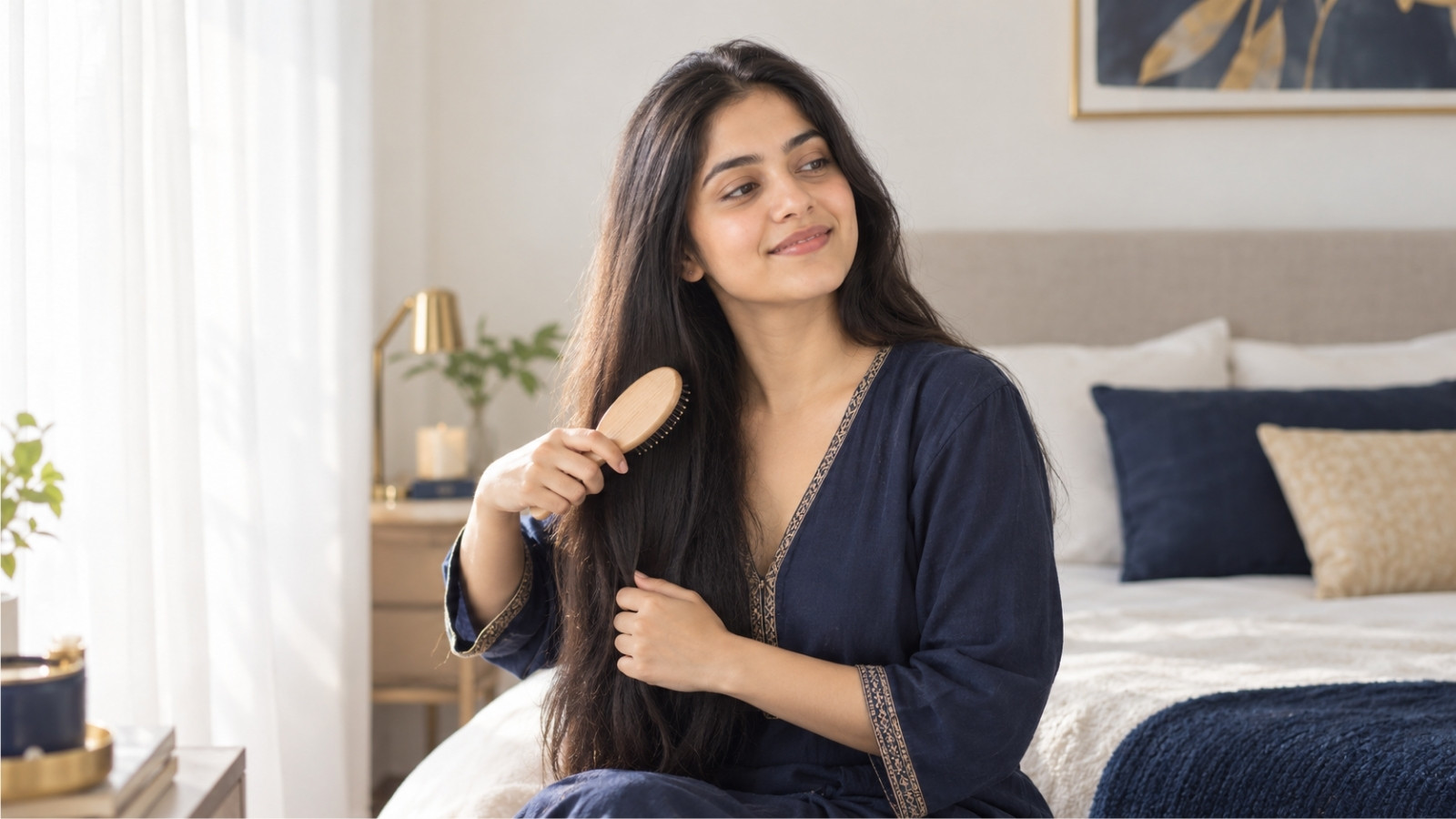 A woman gently combing her long dark hair in soft morning light.